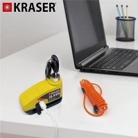 KRASER KR7Y zámek brzdového kotouče motocyklu s alarmem 110 dB, dobíjecí, USB kabel typu C pro nabíjení baterie, kabel pro připo